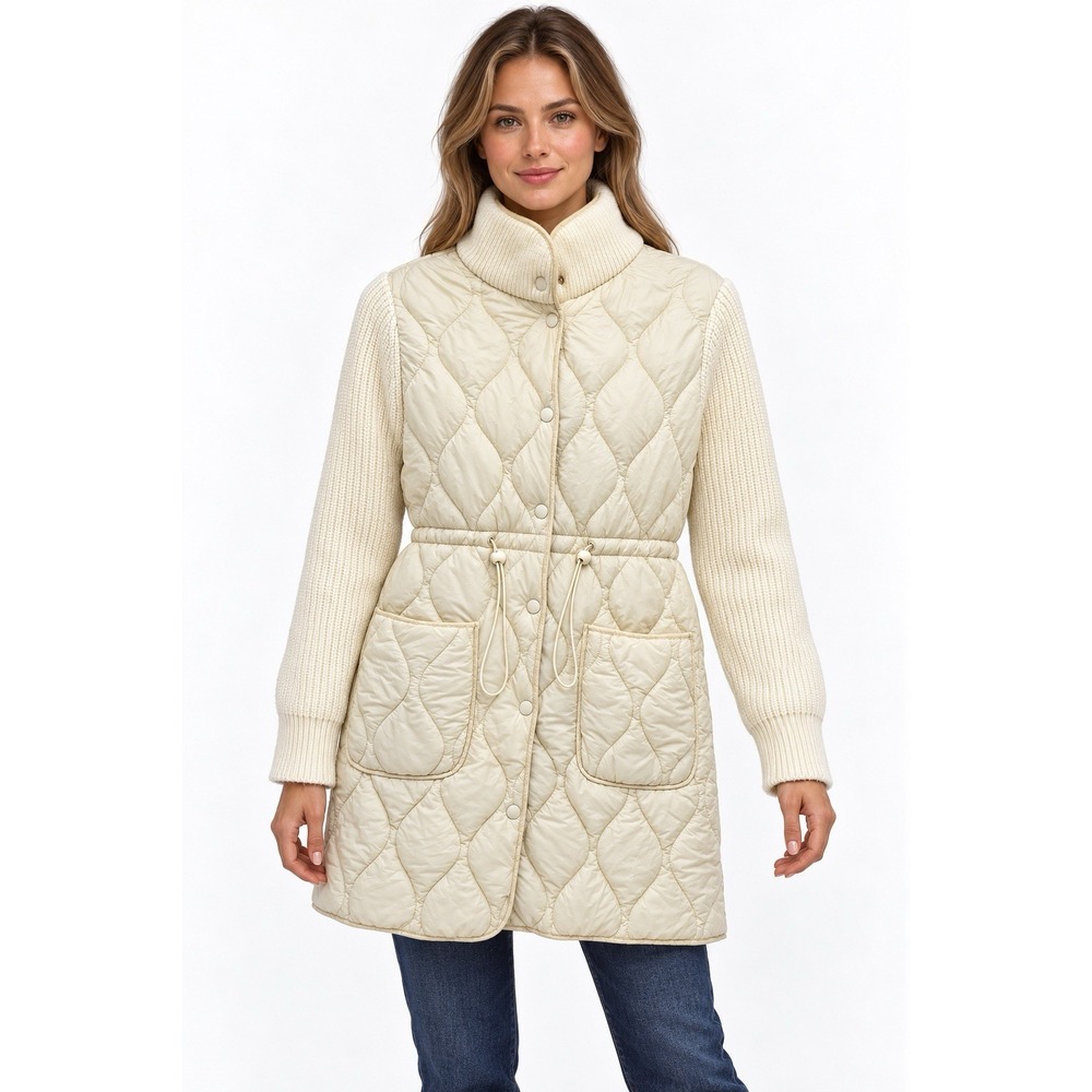 Rachel Zoe Coat Womens M Ivory Quilted Puffer Knit Sleeve Cinch Waist Longline